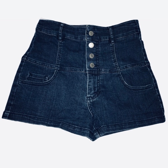F21 Dark Denim High Waist Button Fly Shorts -Sz 27 - Picture 1 of 11